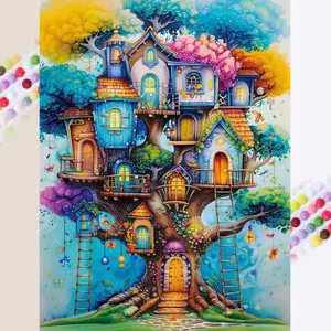 5D DIY Diamond Painting Kit, Cartoon Dream Treehouse Design, Diamond Pattern Design, Full Round Drill Mosaic Art, Home Decor Gift, Creative Needlework Craft
