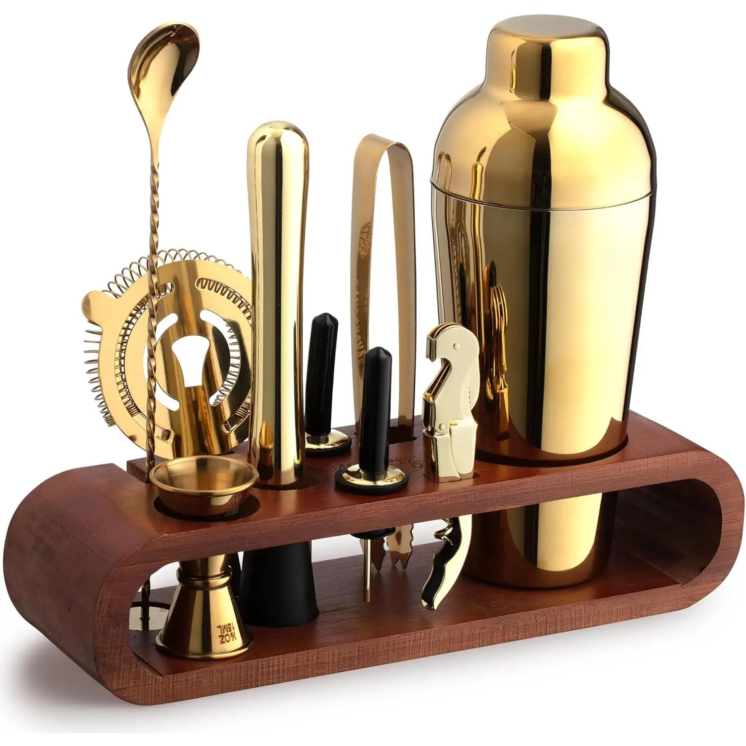 Gold Stainless Steel 10-Piece Craft Bartender Kit with Mahogany Wood Stand, Kitchen & Bar Utensils Set for Home Bartending, Ideal Housewarming Gift for Drink Mixing Enthusiasts