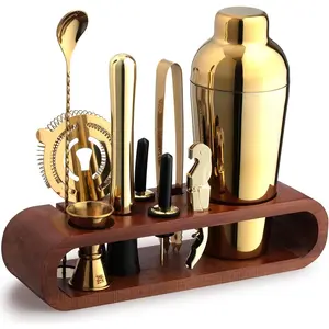 & Craft Bartender Kit: 10-Piece Bar Tool Set with Mahogany Stand| Perfect Home Bartending Kit and Martini Cocktail Shaker Set, Perfect Drink Mixing Experience| Fun Housewarming Gift (Gold)