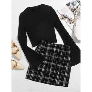 Women's Casual Ribbed Plaid Short Skirt Set, 2 Piece, Comfortable & Stylish Design, Perfect for Daily Wear