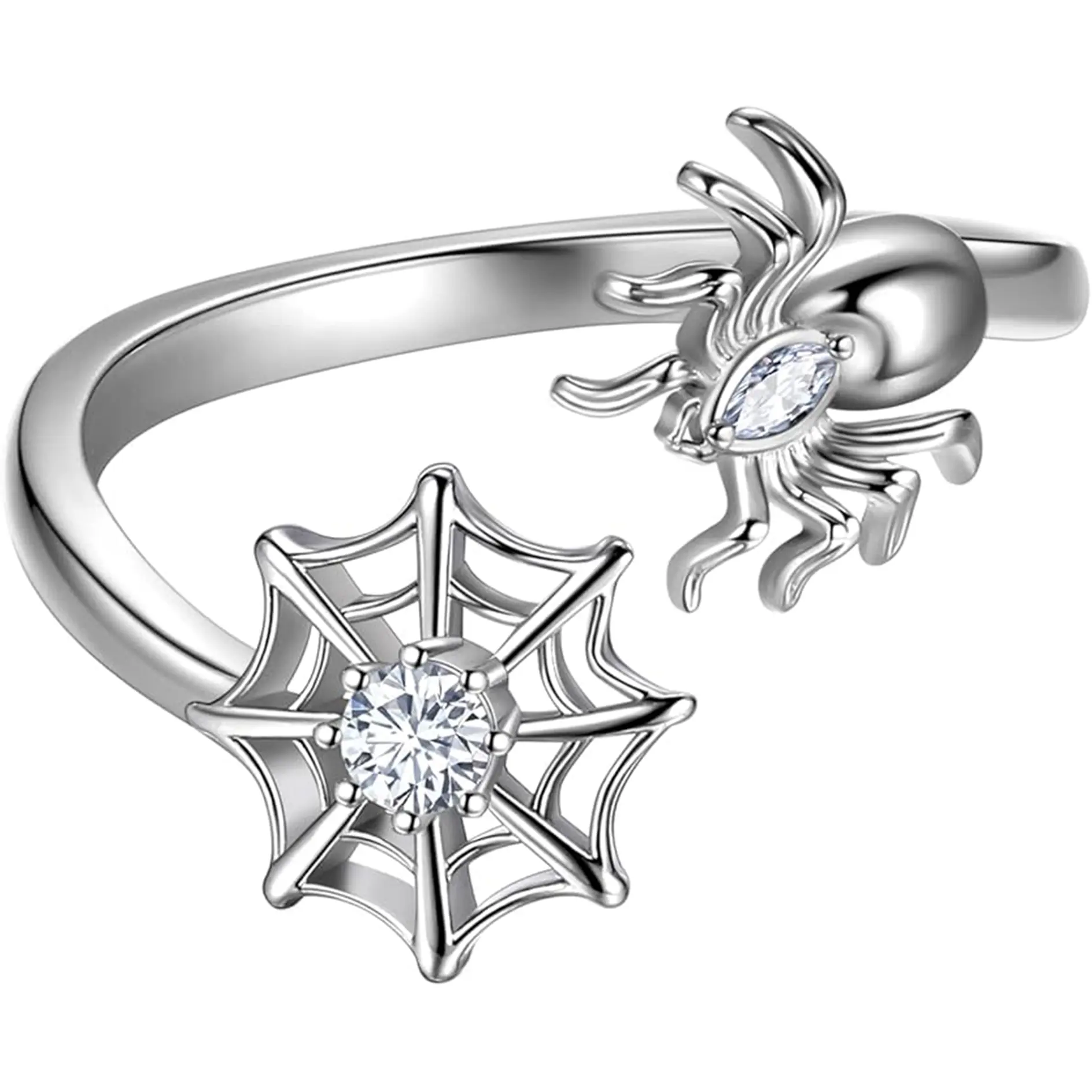 s925 Sterling Silver Spider Web Spinner Ring - Gothic Rotating Design with Cubic Zirconia, Anxiety Relief Jewelry, Adjustable Statement Ring for Women, Halloween Party Costume Vintage Accessory
