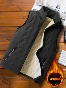 Men's Black Sleeveless Jacket with Zipper Stand Collar and Pockets, Fleece Lined Warm Outdoor Vest, Suitable for Winter, Hiking, Skiing, Casual Wear, Thermal Windproof Layered Clothing, Suitable for Men and Teenagers, Men's Winter Vest Fabric Formal