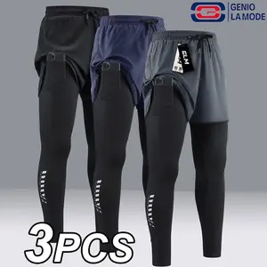 Genio La Mode 3PCS Men's 2-in-1 Workout Shorts With Pocket Active High Stretch Compression Pants For Fitness Breathable Sporty Bottoms Elastic Waist LeggingsGiftr