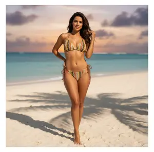 Women's Crochet Bikini Set Striped Triangle Swimsuit - High Cut Cheeky Bathing Suit for Beach, Pool & Vacation - Colorful Summer Swimwear