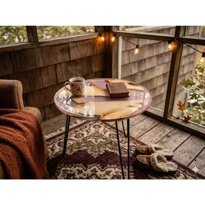 Handcrafted Round Live Edge Wood & Blush Pink Epoxy Resin Coffee Table