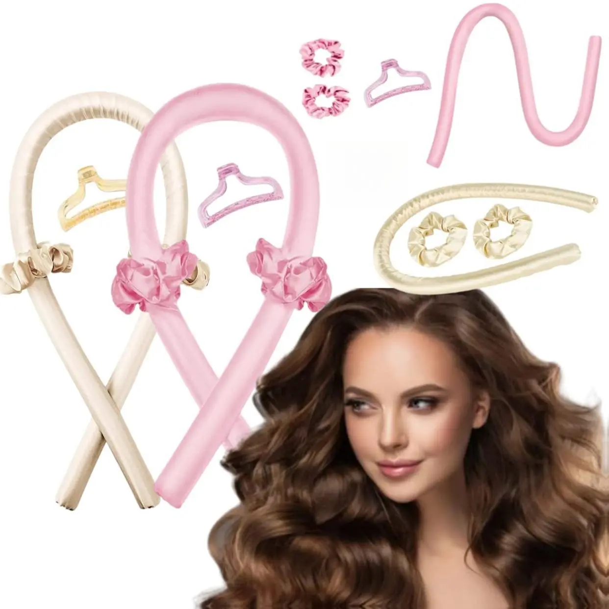 GADZHI Heatless Curling Rod Headband Heatless Hair Roller Curls Set for Long Hair No Heat Silk Hair Wrap Curler Ribbon for Overnight Sleep Hair Roller with Hair Claw Clip DIY Hair Styling Tools (2 set - champagne+pink)
