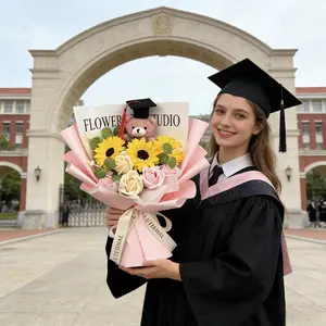 Graduation Bouquet with Sunflower Rose & Bear, Artificial Flower Bouquet with Graduation Cap, Perfect Photo Prop & Gift for Graduation Ceremony, Memorial Day, High School & College Graduation Gift