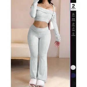 Women's Two-Piece Set, Off-The-Shoulder Long Sleeve Crop Top & Pants, Solid Color for Casual Wear, Stylish Women's Clothing,Airport Outfit