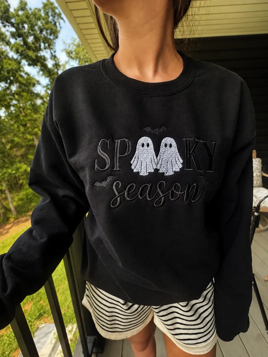Your Sisters Spooky Crewneck - Black or brown Sweatshirt Crewneck Long Sleeve with Ghost and Bats Design for Halloween