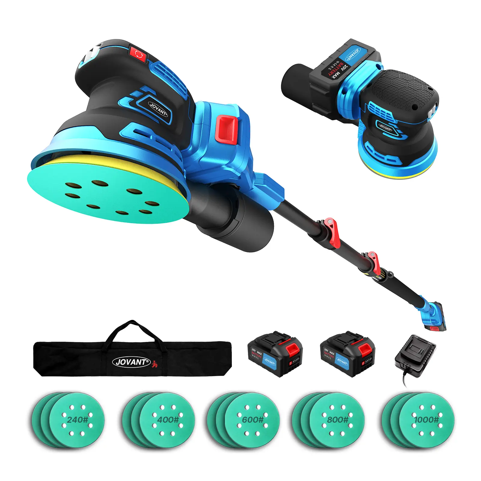JOVANT Electric Orbit Sander Kit with 8.2ft Pole,20V Random Hand Sanders 4.0AH,5.0 Inch Variable Cordless Sanders for Wood Working,Sanding