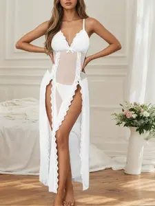 Women's Lace Chemise Babydoll Lingerie Set, Sheer Mesh Nightdress with Panties, 2 Piece Nightwear