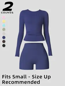 Women's 2 Piece Workout Set, Long Sleeve Top and High Waist Tummy Control Shorts, Buttery Soft Breathable Quick Dry, Spring Summer Activewear for Yoga Gym Running
