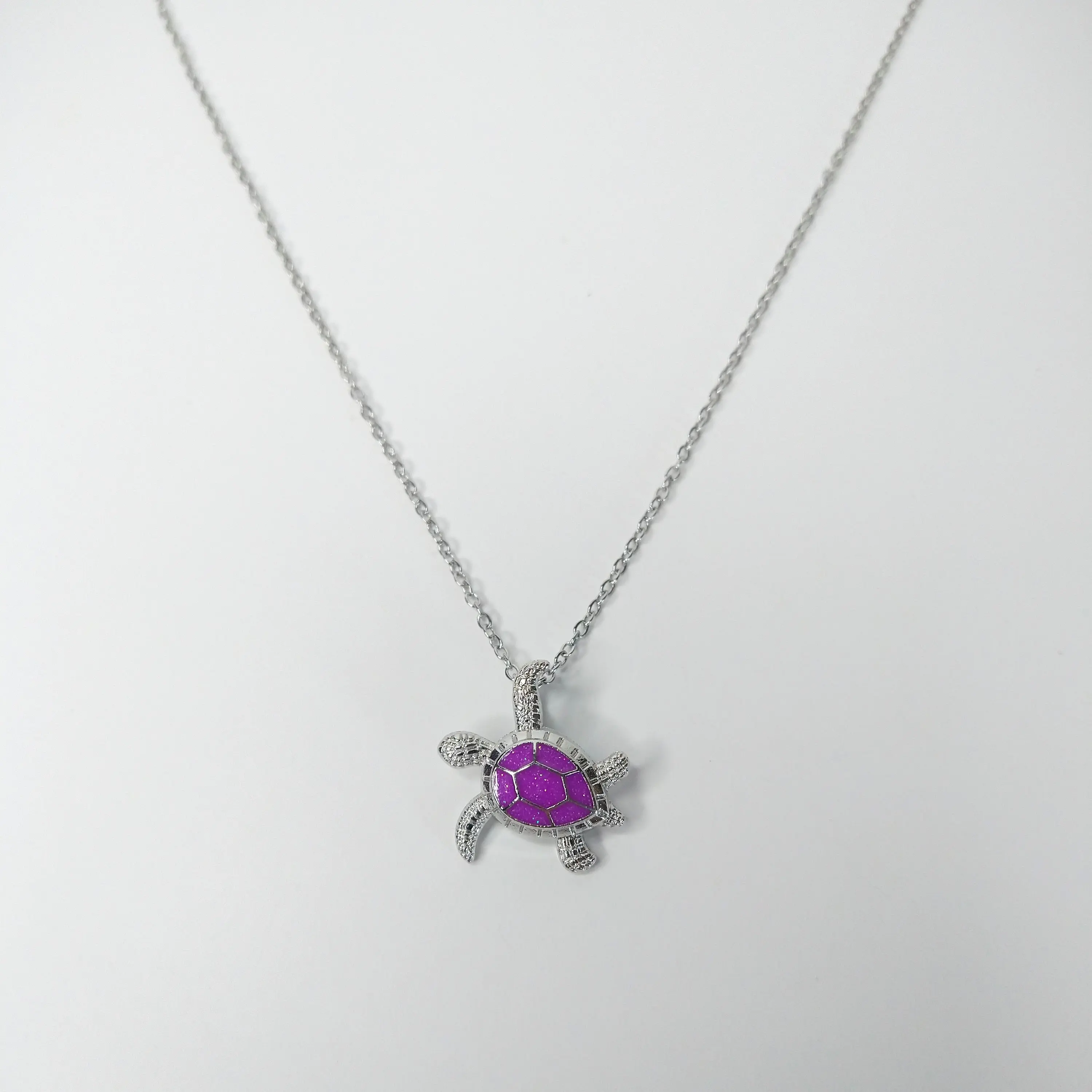 #441 Purple Glitter Sea Turtle Necklace, 18 inch Chain with 2 inch Extender, Casual, Beach, Tropical, Summer, Alloy, Vacation