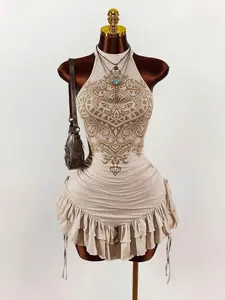 Y2K Amplova Ruffled High Neck Asymmetrical Hem Mini Dress for Women, Cinched Waist Elegant Party Cocktail Dress