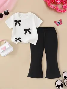 Baby Girl's Bow Decor Top & Flare Leg Pants Set, Cute Casual Outfits for Infant Toddler, Newborn Gift Set Baby Girls Summer Clothes Baby Clothing Essentials Set