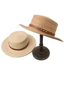 French Flat Top Woven Hat, Vintage Leather Belt Rivet Decoration, Breathable Sunshade Cap, Beach Vacation Flat Top Straw Hat, Summer Hat, Sunscreen Hat
