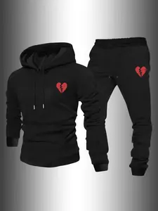Men's Broken Heart Print Sweatshirt & Drawstring Waist Sweatpants Set, Regular Fit Casual Pullover Hoodie & Jogger Pants for Spring & Fall, Men's Outfits for Daily Wear, Streetwear Tracksuit Set Valentine's Day, gift