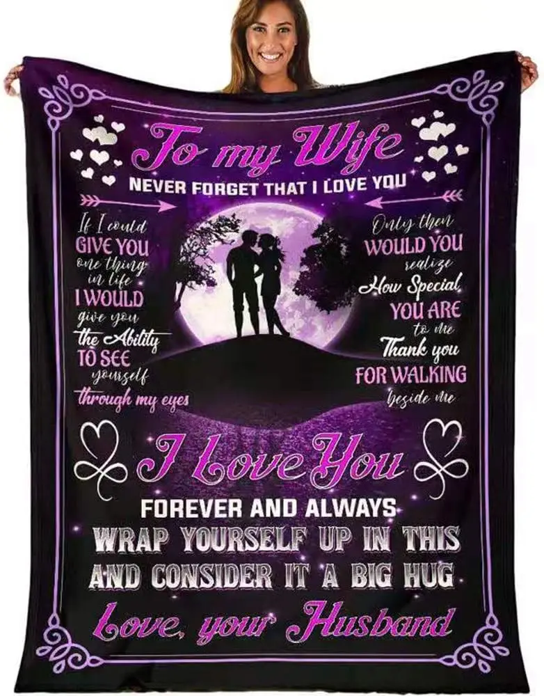 [SummerVibes] to My Wife Blanket from Husband, Cozy Super Soft Plush Fleece Throw Blanket with Quotes, for Birthday, Anniversary and Valentine's Day