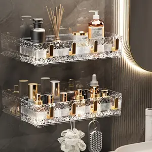 Wall-mounted Bathroom Shelf, No-drill Installation, Light Luxury Water Ripple Design, Storage Rack for Sink Area , Bathroom Wall Storage Shelf, Adhesive Type Vanity Organizer,  Suitable for Shower, Bathtub, Vanity Multi-Functional Storage Box Space-Saving