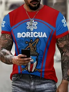 Men's Puerto Rican Theme Frog Pattern Letter Print Polo Round Neck Short Sleeve T-Shirt, Fashionable Unique Summer Daily Wear