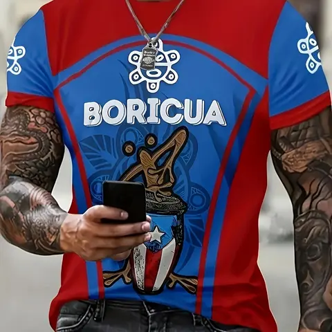 Men's Puerto Rican Theme Ethnic Frog Pattern Letter Print Polo Round Neck Short Sleeve Fitted Long T-Shirt, Fashionable Unique Summer Daily Wear