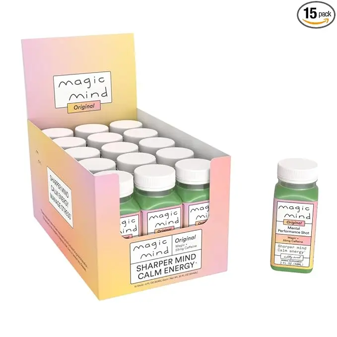 Magic Mind Energy And Focus Drink Shots - (15 Pack) Stress Relieving, No Jitters, Ashwagandha, Vitamin B12, Vitamin C, Matcha Green Tea, Functional Mushrooms - 2 FL Oz