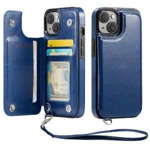 iPhone 15 Leather RFID Secure Wallet Case with Stand, Wrist Strap, Crossbody Function – Smartphone & Cellphone Accessories (Blue)