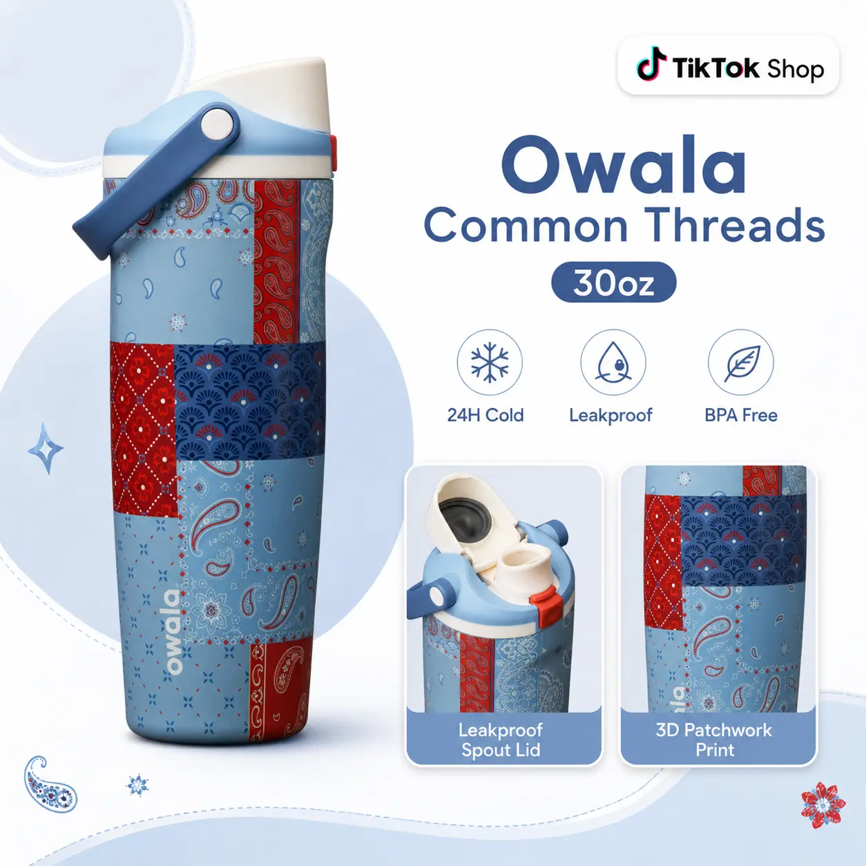 Owala Common Threads FreeSip Sway 30oz, Blue Red Insulated Bottle for Summer Travel and Daily Use