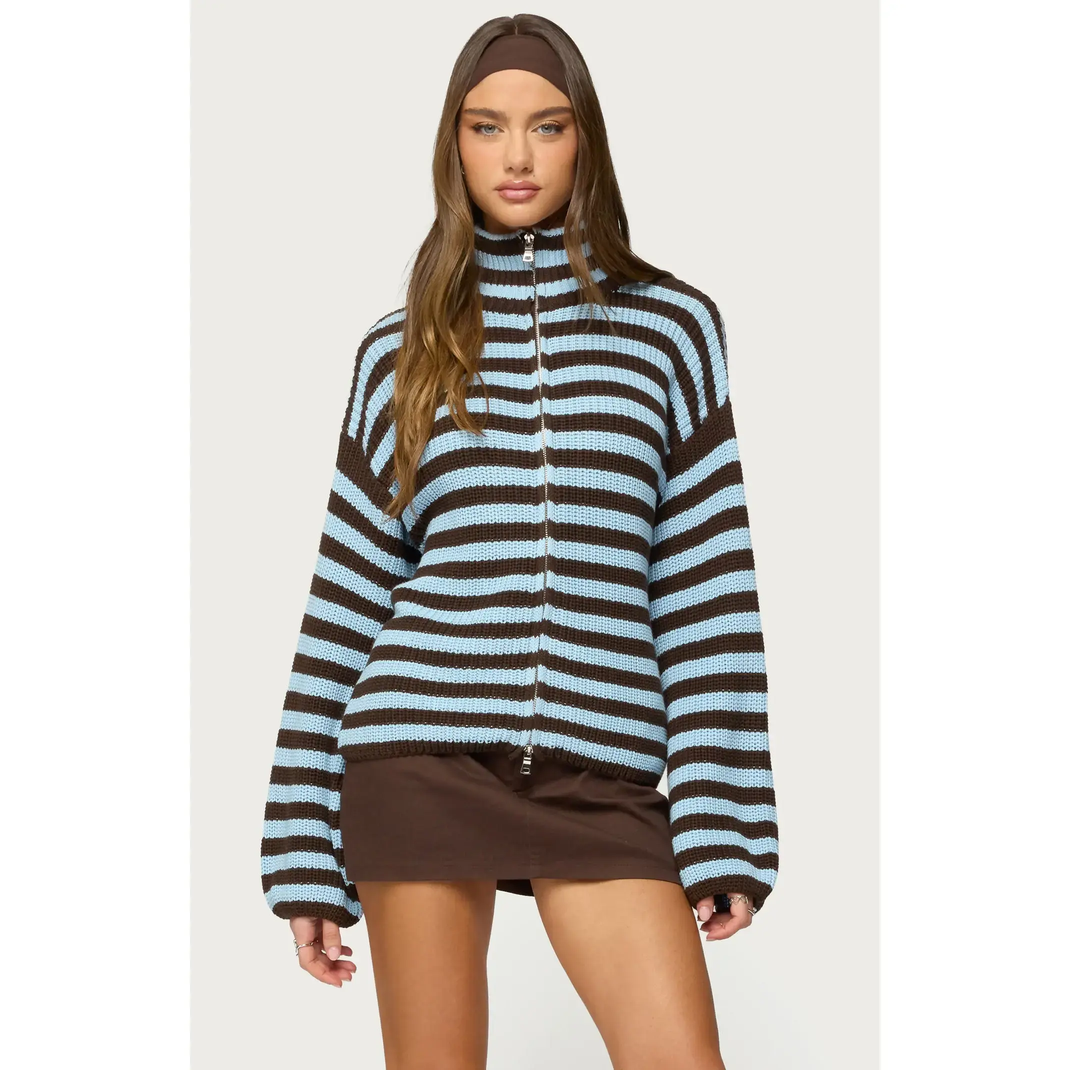 Edikted Women's High Neck Striped Zip Up Sweater Edikted Women's High Neck Striped Zip Up Sweater