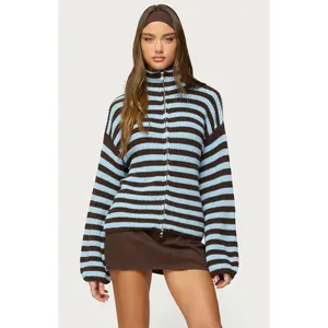 Edikted Women's High Neck Striped Zip Up Sweater