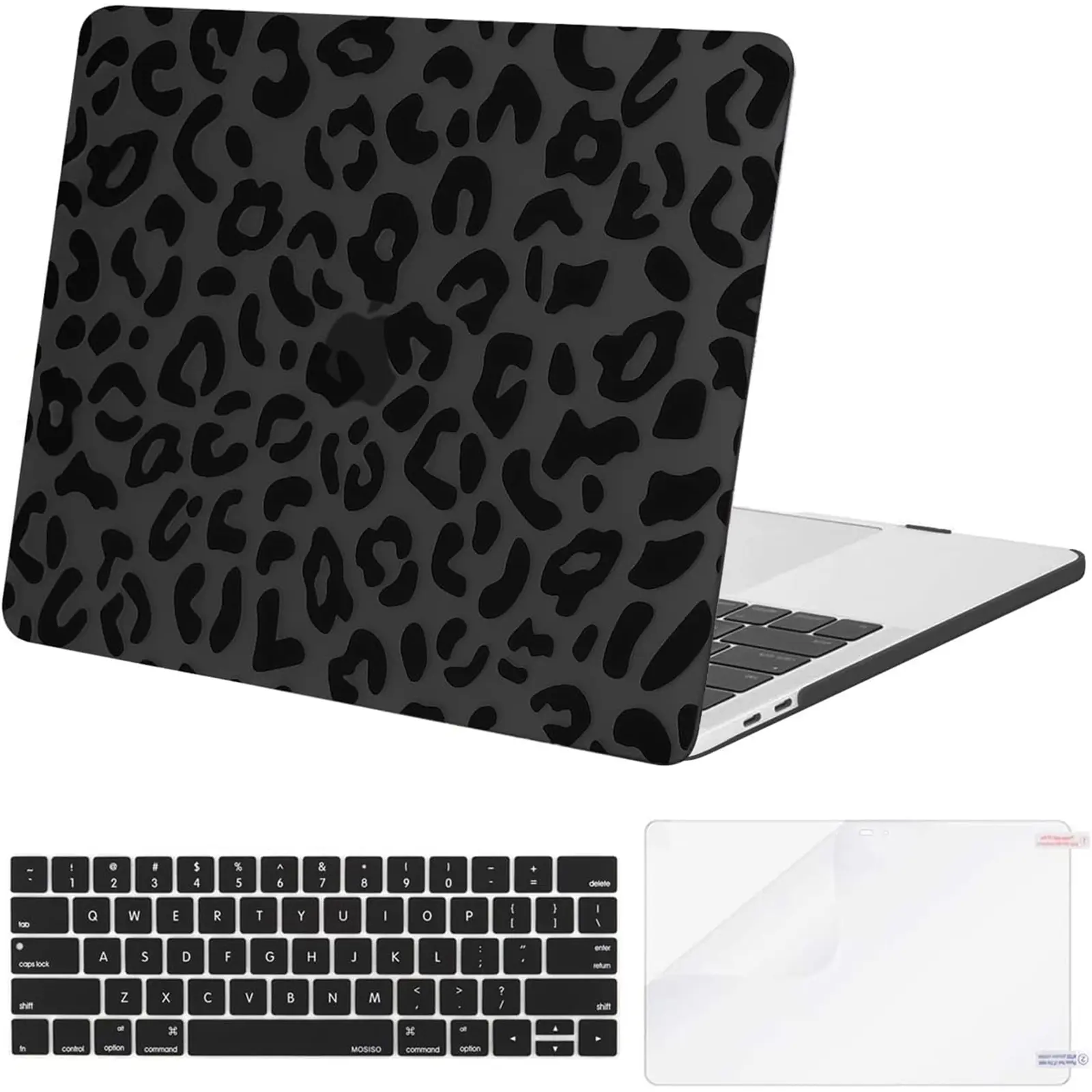 MOSISO 2-Piece Durable Polycarbonate Plastic Black Leopard Animal Print Hard Shell Case for 15in MacBook Pro (2016-2019 A1990/A1707 with Touch Bar) - Shockproof, Water-Resistant, Anti-Slip, Dustproof, Travel-Friendly, Keyboard Cover Skin, Screen Protector
