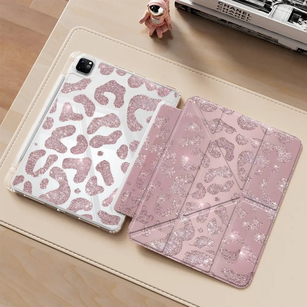 Pink Glitter Leopard Print iPad protective case, Cover, Tablet Cover, Ipad Covers, transparent acrylic Y folding stand suitable for all models of iPad including 10.2/10.5/10.9 inch, featuring protection against scratches and impacts