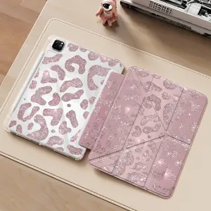 Pink Glitter Leopard Print iPad protective case, Cover, Tablet Cover, transparent acrylic Y folding stand suitable for all models of iPad including 10.2/10.5/10.9/11/12.9 inch, featuring all-round protection against scratches and impacts, gift