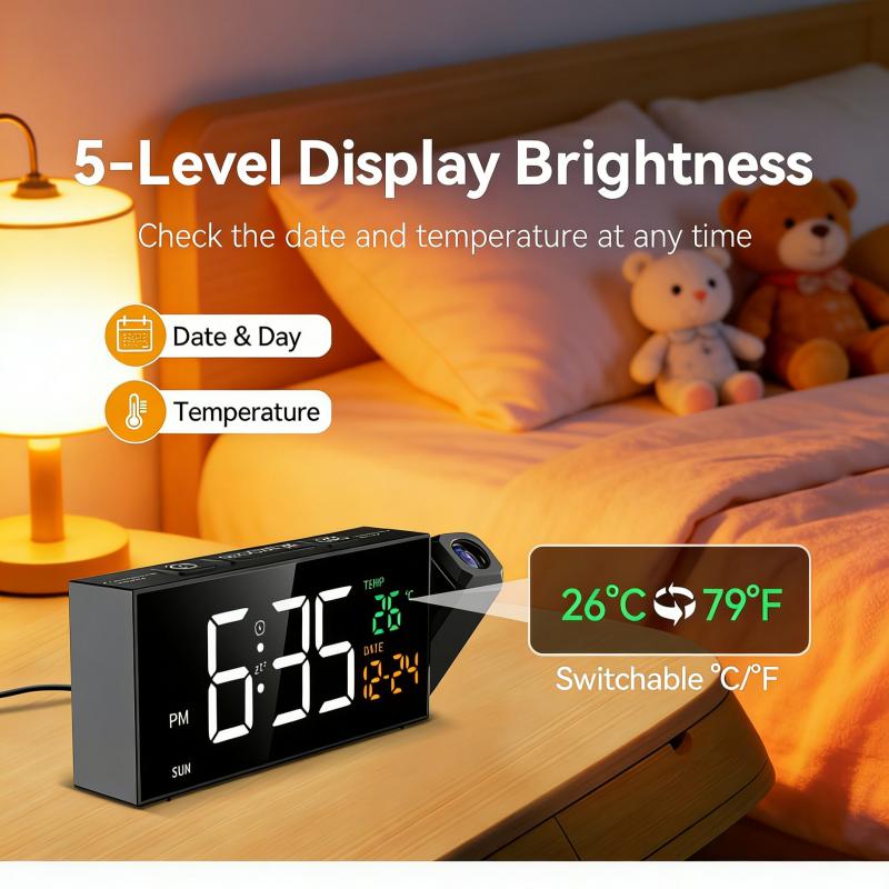 Projection Clock for Bedroom Ceiling, Alarm Clocks with 180° Rotatable Projector, Date Temperature and Weekday, Manual DST, 5 Brightness Levels, 10 Ringtones, 4 Volume Levels and Snooze (Black)
