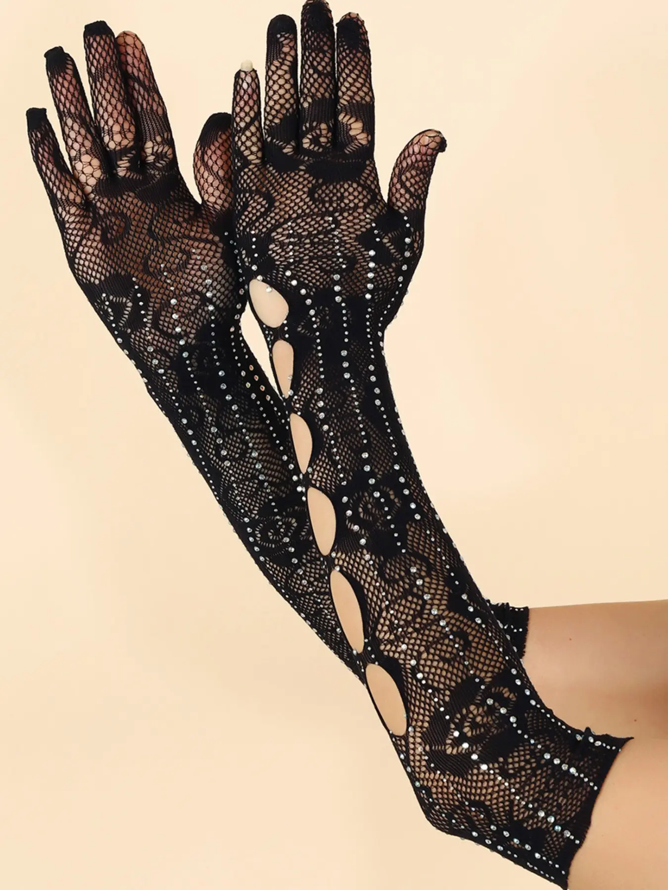 Rhinestone Long Gothic Fishnet Rose Flower Gloves, Party Accessories, Dark Style Dance Gloves, Fashionable Decorations