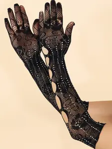 Rhinestone Long Gothic Fishnet Rose Flower Gloves, Party Accessories, Dark Style Dance Gloves, Fashionable Decorations