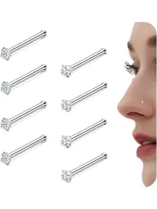20G Nose Rings Set - 8 Pcs Bone Studs With CZ Stones, Stainless Steel, Round & Square Shapes - 1.5-3MM Nose Ring Jewelry Nose Piercing Jewelry