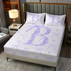 Custom Initial B C D F G H K N P Print Fitted Sheet Set, Gentle Purple Ribbon Bow, 2 Pillowcases, Breathable Comfort, Princess Style Bedroom Decor, Birthday Gift
