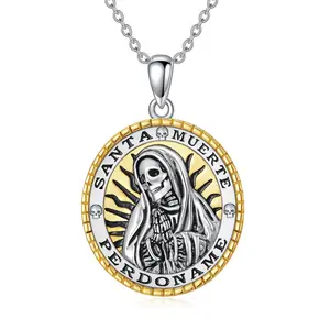Sterling Silver Santa Muerte Coin Pendant Necklace - "Perdona Mi" Holy Death Figurine Necklace for Devotional Wear