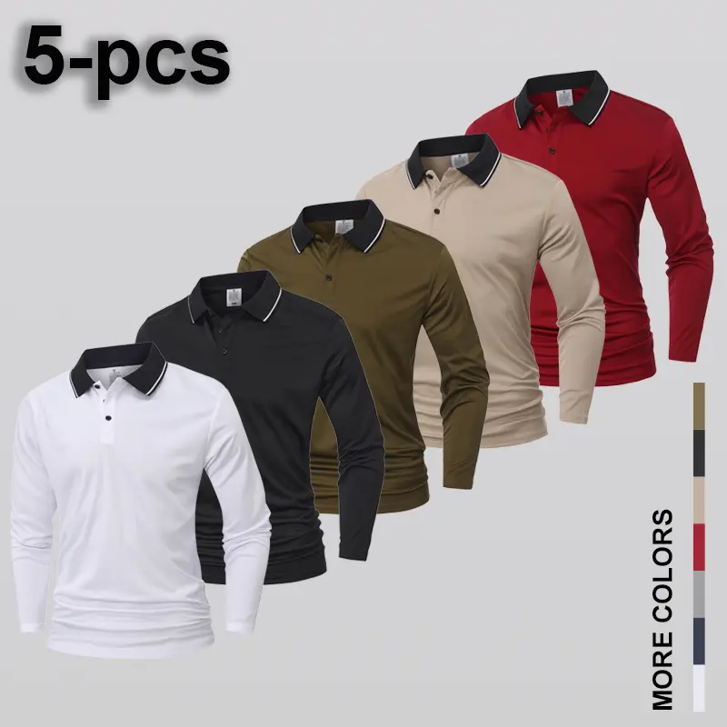 five piece men's long sleeved polo shirts, withplain designs. The combinations are diverse,suitable for various style matching, such as fortravel, business, golf, or suburban tours.