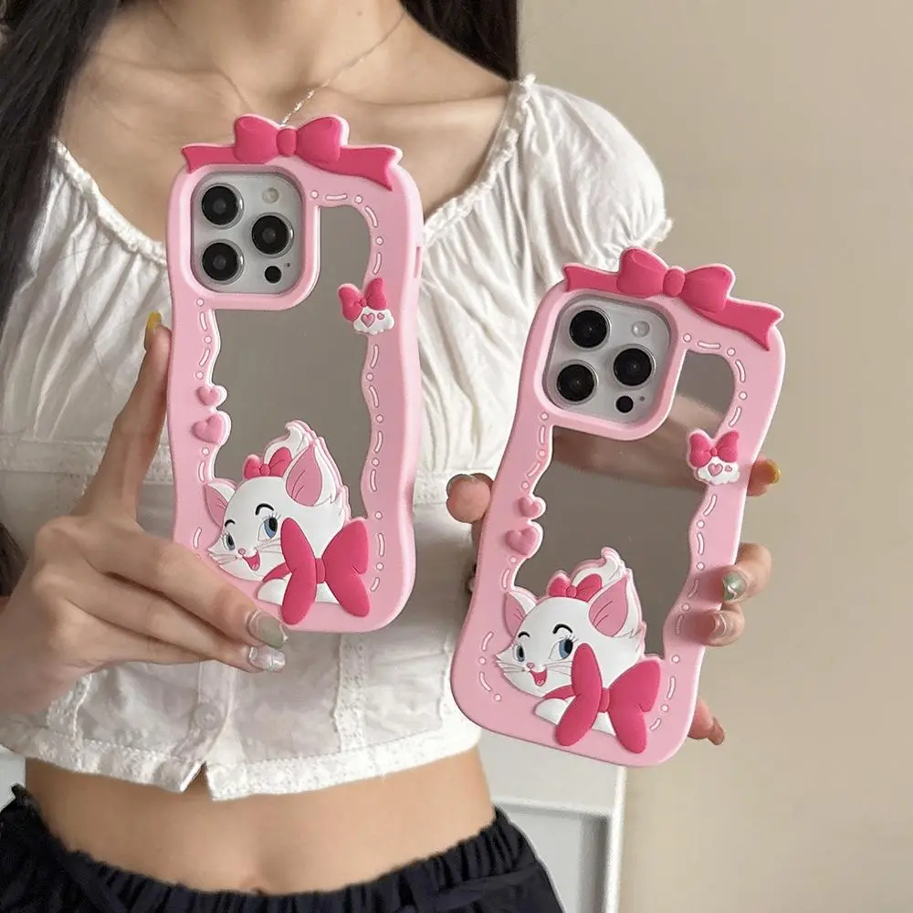 Kawaii 3D Cartoon Marie Cat Mirror Phone Case Cute Shock Proof Soft Silicone Cover for iPhone 17 12 13 14 15 16 Pro Max