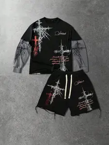 Men's Street Style Gothic Spring Summer Casual Fitted Print Long Sleeve T-Shirt Top Shorts Set, Fashionable and Comfortable, Streetwear Aesthetic Outfit