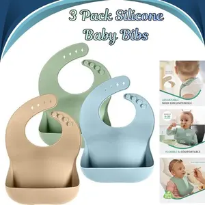 3 Pack Silicone Baby Bibs, Soft Adjustable Toddler Bibs with Food Catcher Pocket, Waterproof Feeding Bibs for Babies & Toddlers Boys & Girls, Baby Essentials Gift