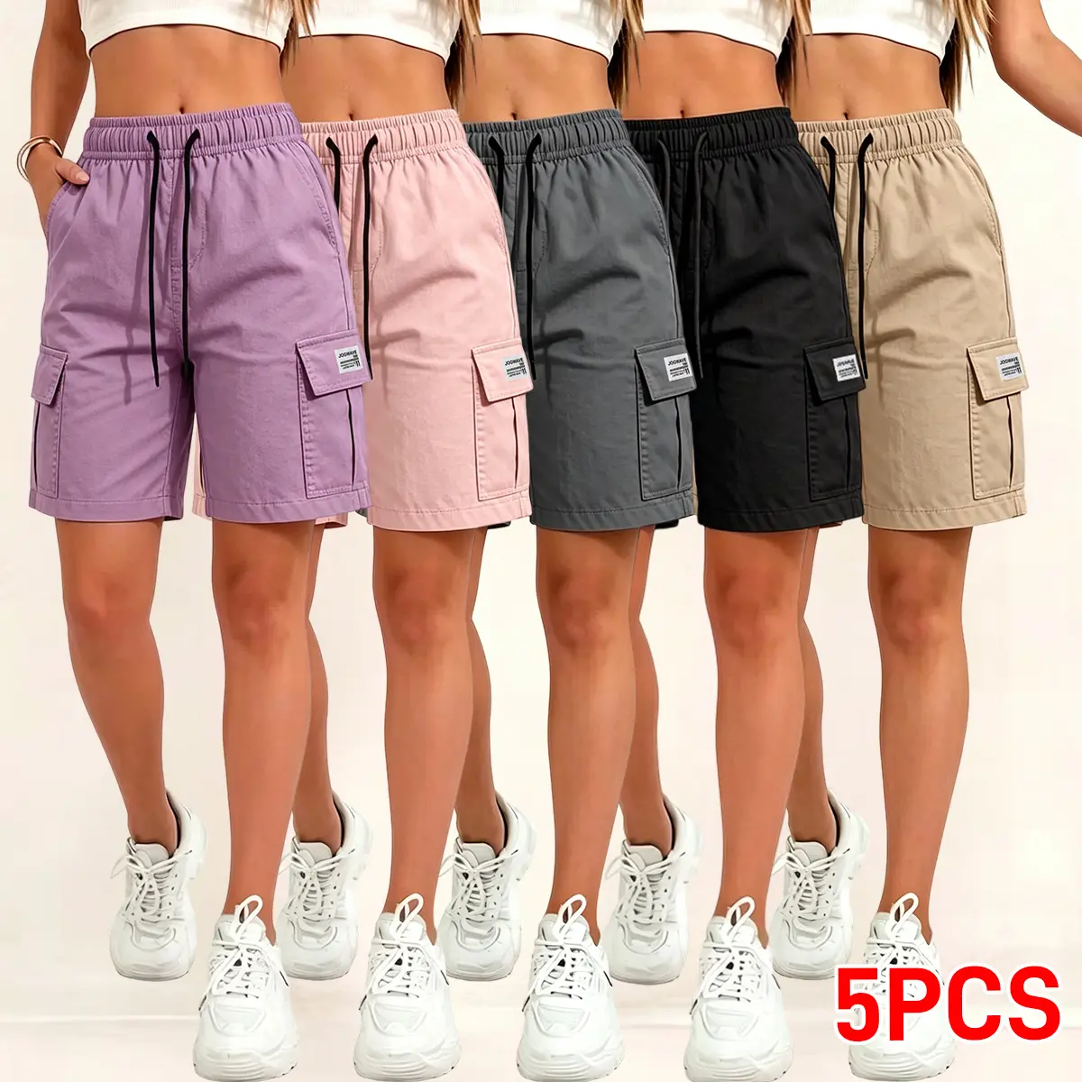 5-Pack Women’s Lightweight Quick-Dry Cargo Shorts — Loose Fit, Multi Pockets, Mid-Length; Suitable for Spring, Summer, and Autumn; Ideal for Outdoor Casual Wear; Practical Pockets for Everyday Use