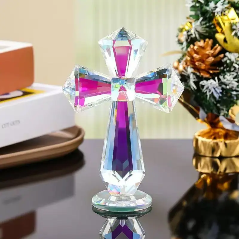 6.1" Durable AB Color Crystal Cross Statue - Decorative Elegant Transparent Glass Art Ornament, Indoor Home/Office Religious Decor, Ideal Christmas Gift for Weddings & Crafts, Indoors