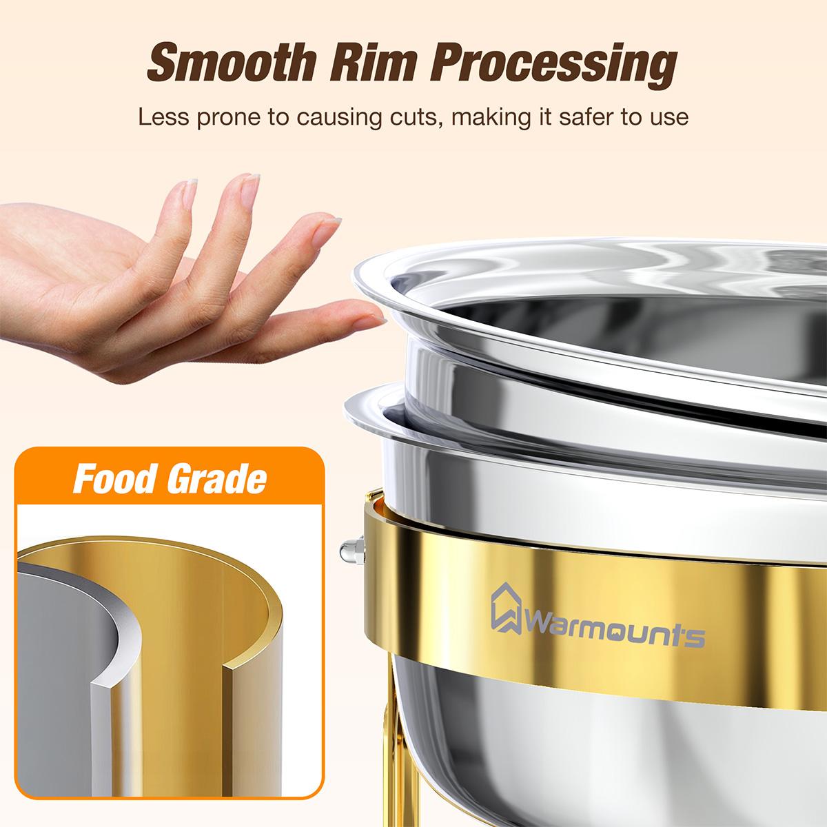 WARMOUNTS 6.5QT Gold Chafing Dishes for Buffet with Glass Lid , Round Chafers and Buffet Warmers Set with Mirror-Polished Stainless Steel, Rolled Rim, Stackable, Lid Holder for Parties, Weddings (2/4/6 Pack）