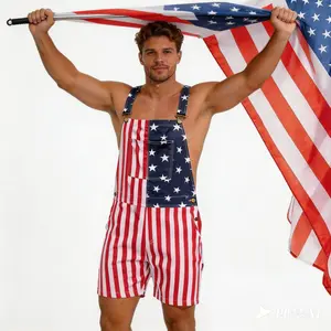 Unisex Big and Tall Patriotic Romper, Stretchy USA Flag Overall Shorts with Front Pocket Designed to Hold Sunglasses, 4th of July Firework Fit, 250 Years of Freedom Jumpsuit, Memorial Day BBQ Coveralls