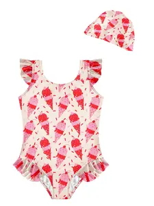 ✨Fresh Macaron Style Kids Swimsuit, Cherry Ice Cream Print Ruffle Sleeve, Perfect for Pool & Beach Fun
