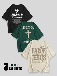Breathable Casual Loose-Fit Round Neck T-Shirt, 'save Jesus' Print, Perfect Christian Clothing for Girls, Daily Wear, Pack of 3