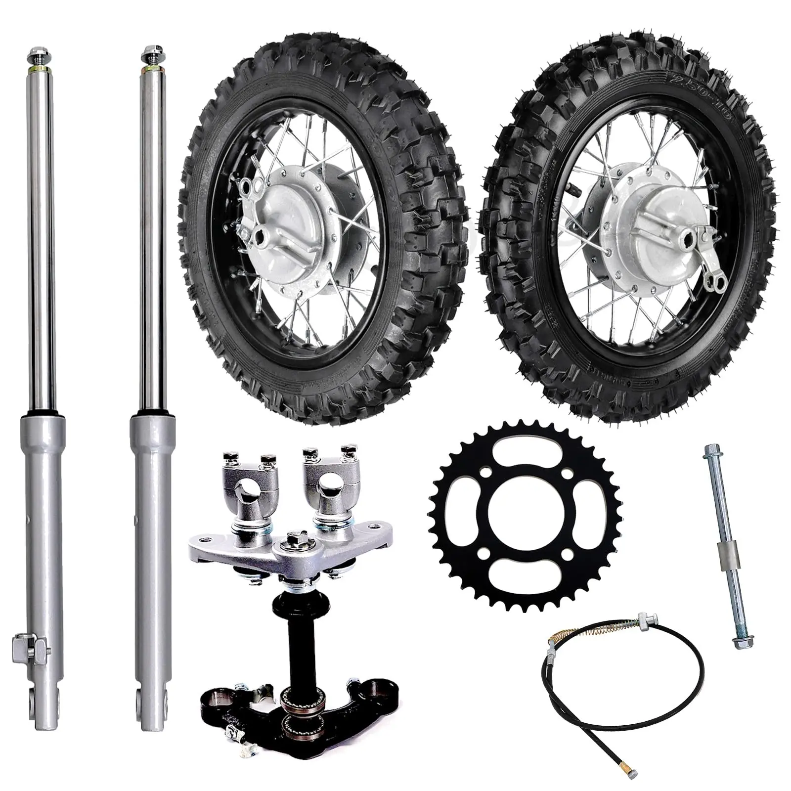 2.50-10 Dirt Bike Wheel 1.4x10 Rim and Tire + 20" Front Forks + Triple Tree + 420 Chain Sprocket + 12mm Wheel Rim Axle + Brake Cable for BBR50 TTR50 DRZ50 SSR PW50 DRZ70 TTR50E Pit Dirt Bike Off Road